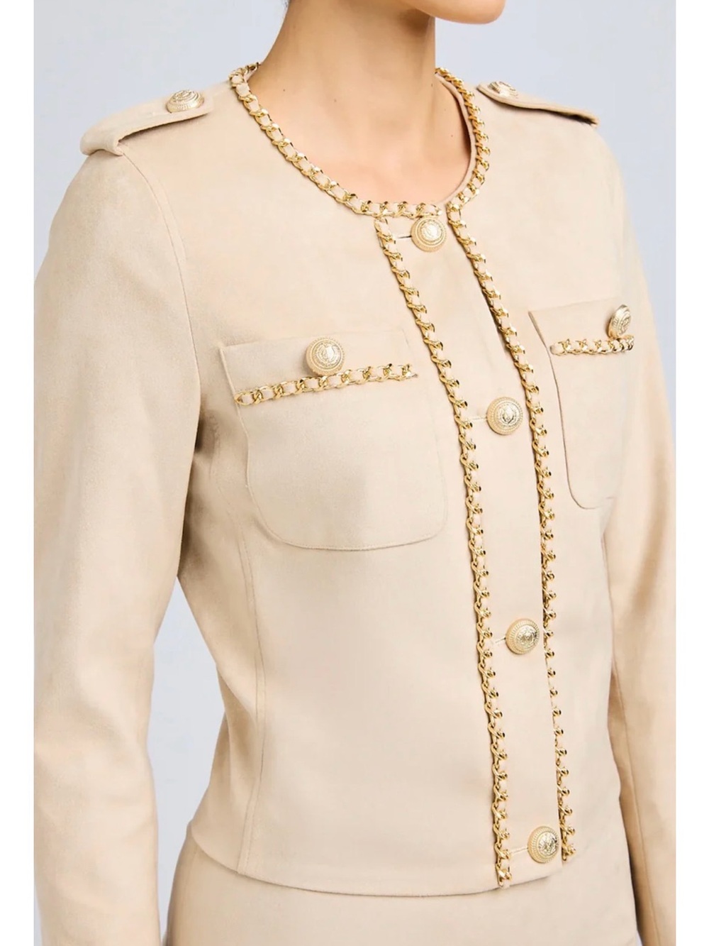 Generation Love FIORELLA VEGAN SUEDE JACKET Sand with Gold Chain Trim